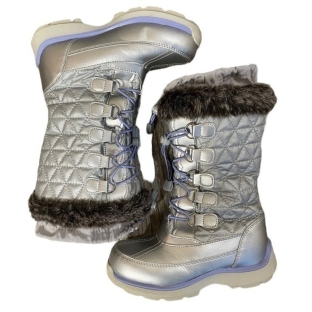 LANDS’ END THERMOLITE INSULATED WATERPROOF SNOW BOOTS SILVER AND PURPLE SZ 3